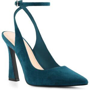 Women's Peacock Faux Leather Pointed Toe Closed Ankle Strap Stylish Comfort Heel